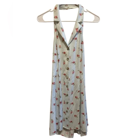 Forever 21 Dresses & Skirts - Forever 21 Halter Sleeveless Polo Button Down Dress Blue w/ Flowers Sz L
